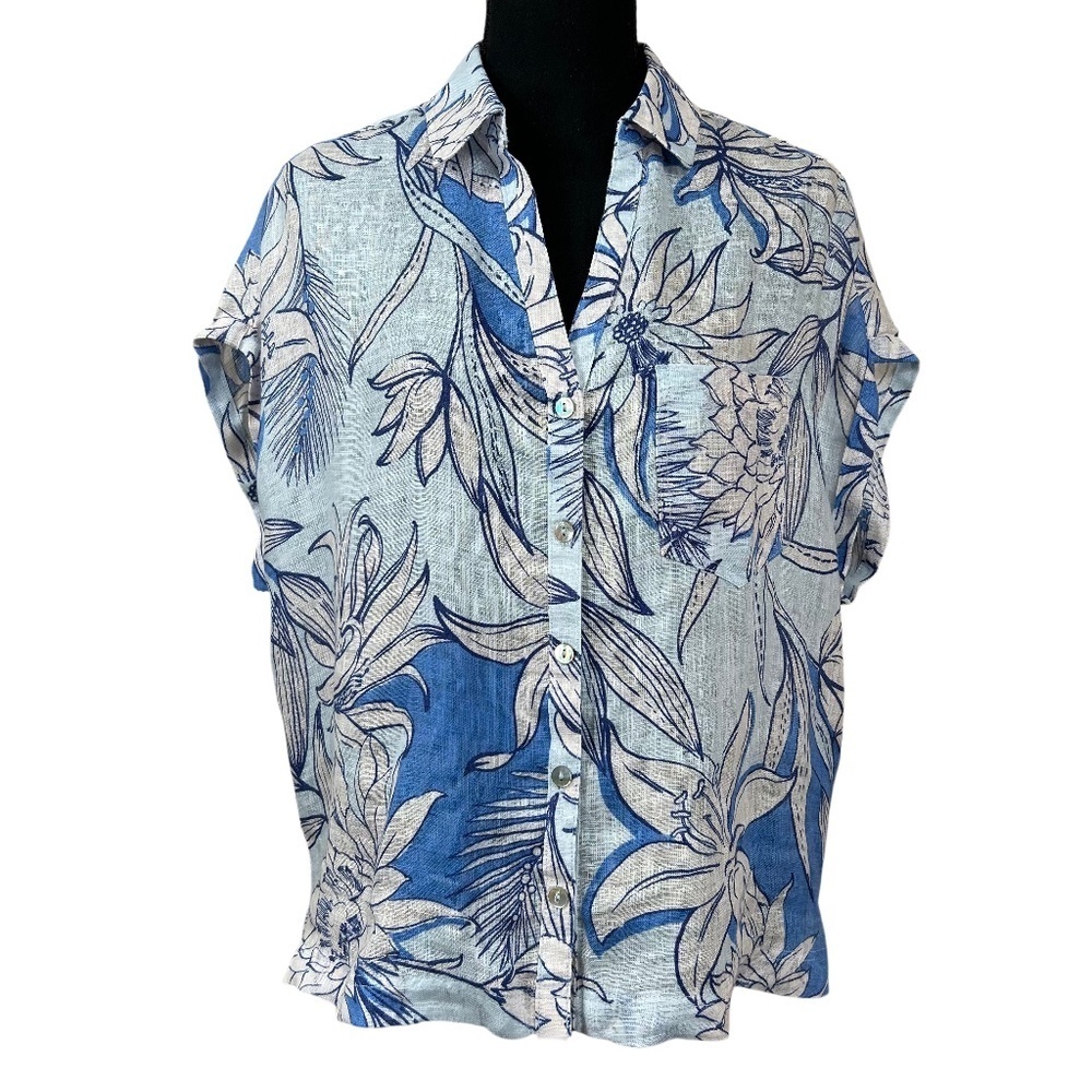 H by Halston Blue White Linen Boxy Floral Short Sleeve Blouse Size M
